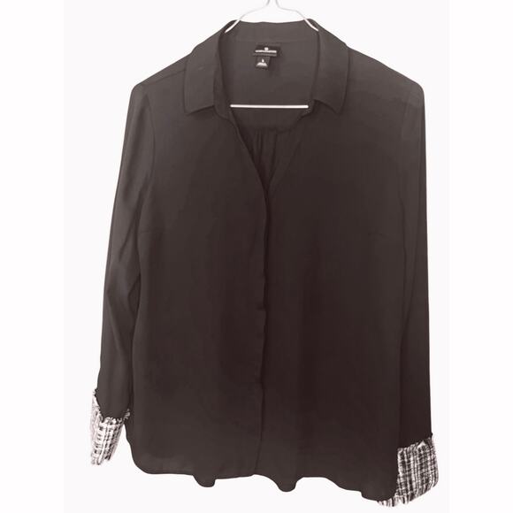 Worthington. Black Opaque Blouse Sz L with Black and White Tweed Cuffs - Picture 1 of 6